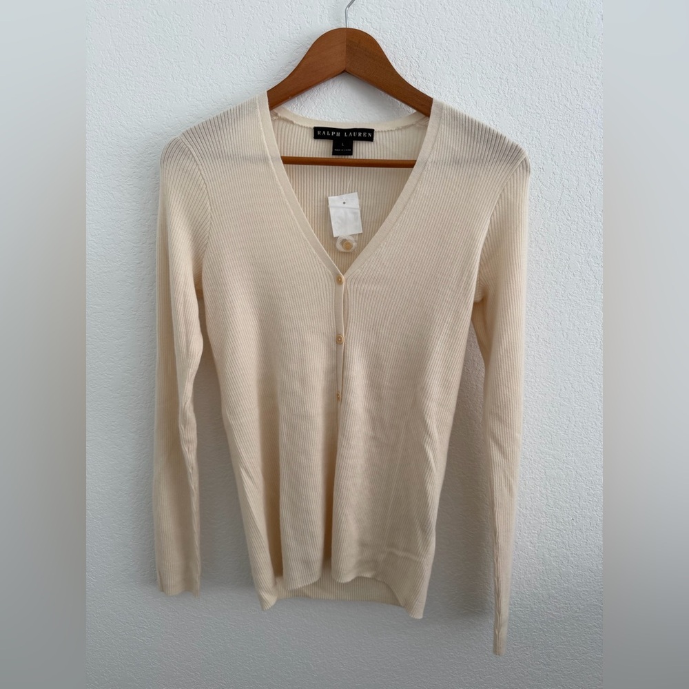 Ralph Lauren Ribbed V-neck cardigan 100% cashmere NWT cream size large